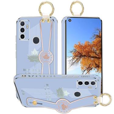 Imagem de Kainevy Capa de telefone para Oppo A53 2020 capa estética de silicone à prova de choque para mulheres capa protetora Oppo A53 capa fina com anel de pulso design padrão folha de bordo (cinza)