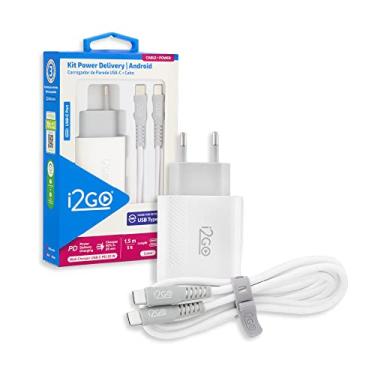 Imagem de Kit Carregador de Parede Ultra Rápido com 1 Saída USB-C Power Delivery 20W + Cabo USB-C + USB-C I2GO 1,5m 3A Branco