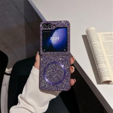 Imagem de Bling diamante caso para samsung z flip 5 4 3 zflip5 flip3 magnético de carregamento sem fio brilhante capa fina, roxo, para samsung zflip6