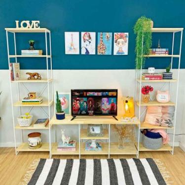 Imagem de Kit Sala de TV de Ferro e Madeira Industrial Pequeno e Duas Estantes T