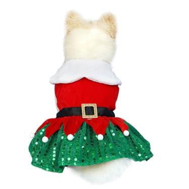 Imagem de BAMY Vestido de Natal para cães com saia fofa para animais de estimação, roupas de inverno, gatos quentes, vestidos fofos, roupas para cachorrinhos para Natal, festival de primavera, ano novo (vestido