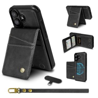 Imagem de Capa de celular 2 em 1 com carteira de cartão removível com alça de pulso para iPhone 16 (6,1 polegadas) com porta-cartões, couro PU com bloqueio RFID, suporte, comporta 6 cartões, compatível com