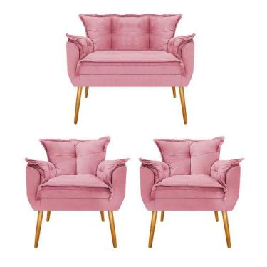 Imagem de Conjunto Namoradeira e 02 Poltronas Opala Palito Mel Suede Rosa Bebê -