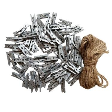 Imagem de DurReus Alfinetes de roupas em miniatura para artesanato, pequeno prendedor de roupa de madeira com barbante prateado, pacote com 100