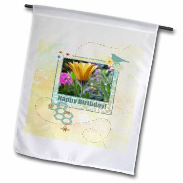 Imagem de 3dRose fl_180951_1 Margarida Gerber amarela em moldura com flores, pássaros, abelhas douradas. Bandeira de jardim feliz aniversário, 30 x 45 cm