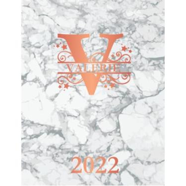 Imagem de Valerie: 2022. Personalized Name Weekly Planner Diary 2022. Monogram Letter V Notebook Planner. White Marble & Rose Gold Cover. Datebook Calendar Schedule