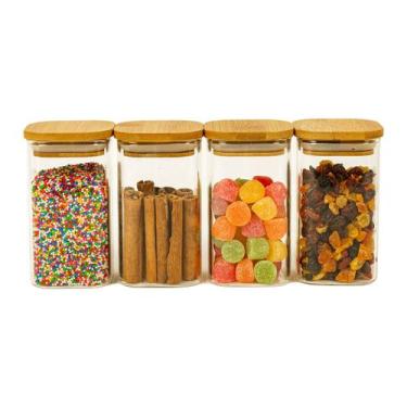 Imagem de Kit 4 Potes de Vidro Tampa Bambu Quadrado Flat 250ml Oikos, U, NATURAL