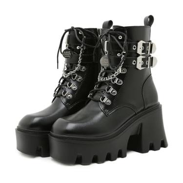 Imagem de Botas femininas de couro com bico redondo com cadarço plataforma salto bloco góticas moda fivela corrente confortável salto grosso botas rave para festa de concerto cosplay botas de combate, Preto, 36