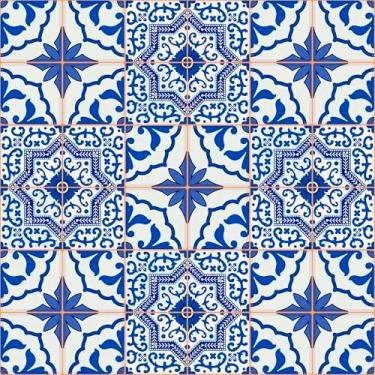 Imagem de Papel De Parede Azul Mosaico Português Azulejo Lavável 12m