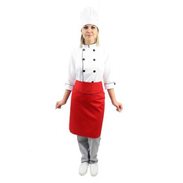 Imagem de Kit chef cozinha feminino Dolmã manga 3/4 + Avental vermelho + Chapéu branco
