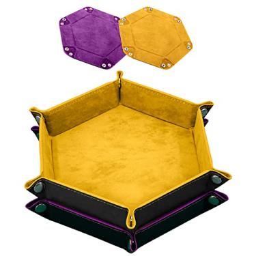 Imagem de SIQUK 2 bandejas de dados de couro PU, bandeja hexagonal dobrável para jogos de dados como RPG, DND e outros jogos de mesa (amarelo, violeta)