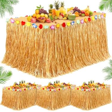 Imagem de Fovths Pacote com 4 saias de mesa de grama havaiana de 2,5 m x 75 cm, saia de mesa de grama havaiana com flores, decorações de festa havaiana natural para festa de aniversário e verão na praia de Luau