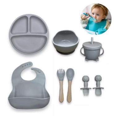 Imagem de Kit 8 Alimentação Bebê Silicone Prato Babador Copo Tigela Cor Cinza In