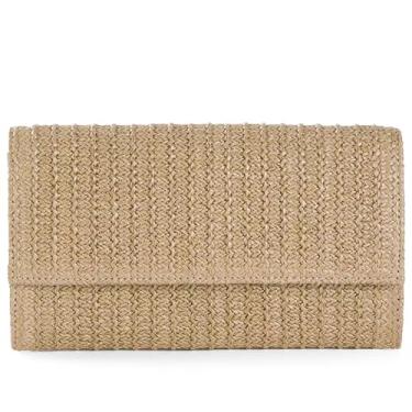 Imagem de Fozehlad Bolsa clutch de palha para mulheres, bolsa transversal de palha, bolsa tiracolo de tecido, envelope dobrável, bolsa de ombro com corrente, Caqui
