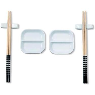 Imagem de Kit Sushi 2 Pessoas 6 Pçs Hashi Japonês Madeira Molheiras Cerâmica e A