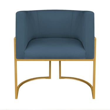 Imagem de Kit Divã Luna 160cm Lado Esquerdo E 01 Poltrona Base De Ferro Dourado Linho Cor Azul Royal