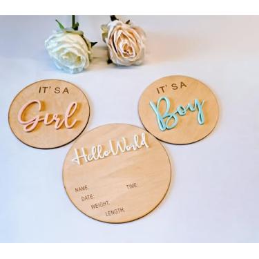 Imagem de Yuxuanish Placa De Madeira 3Ps "Its A Boy Girl" E "Olá, Mundo", Placas Acrílico 3D Para Anúncio Bebê, Revelação Do Sexo Bebê Adereços Fotográficos, Presentes Novas Mães, Chás Decoração Berçário Hosp