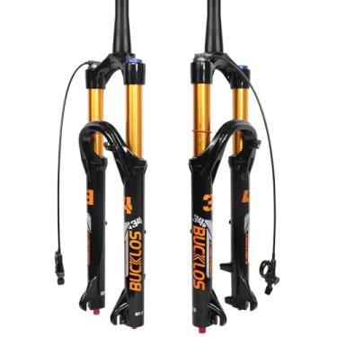 Imagem de BUCKLOS Garfo de suspensão pneumática BTT de viagem de 26/27,5/73.7 cm de 140 mm, ajuste de rebote, fixadores de 34 mm, 3,5 cm, sem rosca, reta/afunilada, 9 x 100 mm, QR manual/bloqueio remoto XC AM