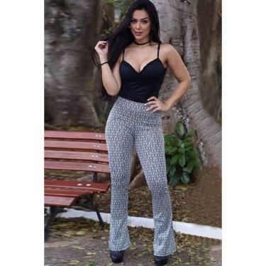 Imagem de Calça Flare Crepe Jacquard Cós Alto Geométrica [F081]