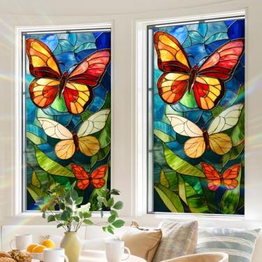 Imagem de BVBOX Película de privacidade para janela 44,5 cm x 99,8 cm, adesivo de película de vitral com bloqueio solar de borboleta colorida, adesivo decorativo não adesivo para controle de calor de porta