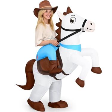 Imagem de Qtencas Fantasia inflável de cavalo para adultos, mulheres, homens, cosplay, Halloween, fantasia de cavalo de cowboy para festa de Halloween, branca