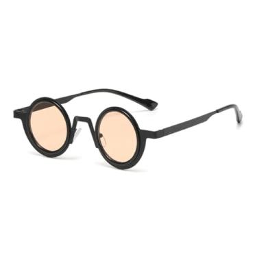 Imagem de Óculos de sol retrô redondos pequenos de metal punk femininos, óculos de sol com lentes transparentes UV400, armação masculina (preto champanhe)