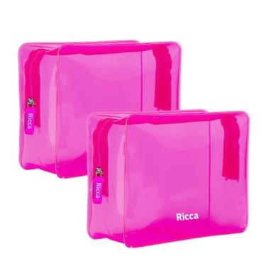 Imagem de Kit 2 Necessaire Rosa Neon Transparente Média Ricca 17x22x8cm