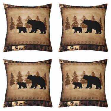 Imagem de Feelyou Capas De Almofadas Decorativas Urso 45,7 X Cm, Conjunto 4 Macias Animais Selvagens, Sofá, Cabana Rústica, Campo, Natureza, Vida Selvagem, Árvore, Amarelo, Marrom, Fronhas Para Áreas Externas