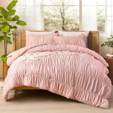 Imagem de Bedbay Jogo de cama queen com franzido rosa para cama queen size, de algodão respirável, boêmio, decoração de quarto de meninas e adolescentes, edredom fofo vintage com babados para todas as estações