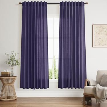 Imagem de Cortinas de linho roxo 182 cm de comprimento para sala de estar quarto conjunto leve de 2 painéis, aba traseira com filtro de luz semitransparente ou cortina de bolso de haste, 132 x 182 cm