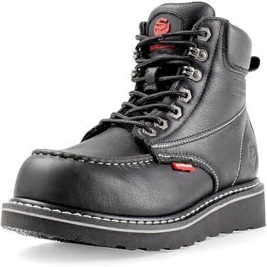 Imagem de SUREWAY Botas de trabalho masculinas resistentes, macias/compostas/biqueira de aço, confortáveis, GoodyearWelt, couro de flor integral, botas de construção moc toe de 15 cm, Marrom, 40