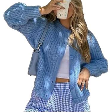 Imagem de Cardigan De Crochê Para Mulheres Tops Chunky Knitted Crew Neck Long Sleeve Button Down Jackets Open Front, Pink, L