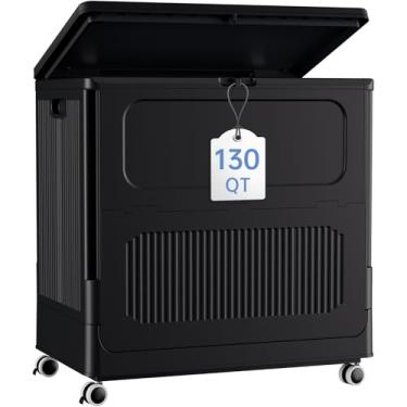 Imagem de HAIXIN Caixa de armazenamento grande com tampa – Caixa de armazenamento de plástico de 130 litros com rodas, organizador de brinquedos preto móvel, organizador de armário empilhável de 80 litros para