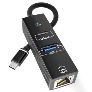 Imagem de Adaptador USB C para Ethernet, hub USB 3 em 1 com 5 Gbps USB-A 3.0/USBC e Gigabit RJ45 de 100 Mbps, compatível com MacBook, iPad, iPhone 15/16, laptops, Thunderbolt 4/3, cabo Ethernet e fones de