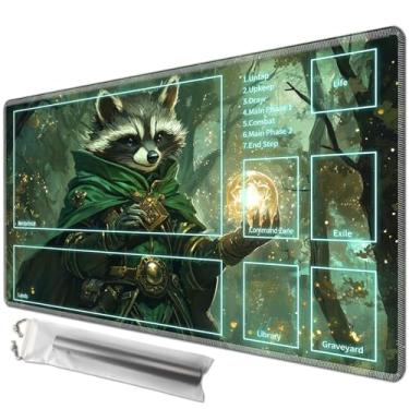 Imagem de JANENFNA Playmat 24" x 14" with Magic Zones for MTG Card Game Playing, Board Game Mat for Card Breaking Commander Deck Gaming Card Game Battles Mat with Storage Bags, Forest Sorcerer Raccoon