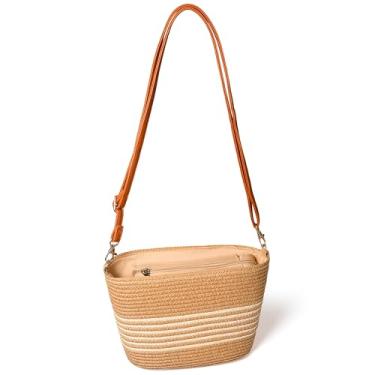 Imagem de ARCLIBER Bolsa de ombro de palha de tecido para mulheres com listras, bolsa transversal com alça ajustável, marrom