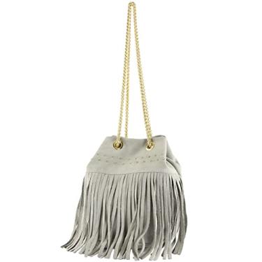 Imagem de modamoda de Bolsa de ombro feminina T244 camurça com franjas e corrente dourada feita à mão na Itália, Cinza Tele