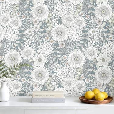 Imagem de Decotalk Papel de parede floral azul claro de 17,5 x 354 polegadas para banheiro quarto flores flores papel de parede descascar e colar branco/azul papel de contato floral desenhado à mão papel de