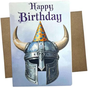 Imagem de Whitman and Daughter Cartão de aniversário Viking, cartões de aniversário de capacete viking, 13 x 18 cm, papel branco premium, dentro em branco com envelope Kraft, feito nos EUA - 1325