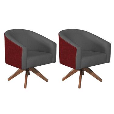 Imagem de Kit 02 Poltronas Luiza Base Giratória De Madeira Factor Vermelho E Linho Cinza Escuro