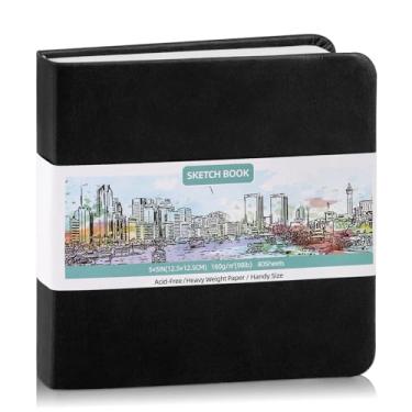 Imagem de Caderno de esboço de bolso de capa dura, 12,7 x 12,7 cm, mini caderno de esboço quadrado, 44,5 kg/160 g/m², pequeno caderno de desenho de viagem com 80 folhas, para adultos, artista, ideal para