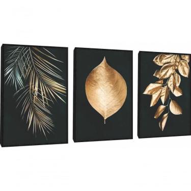 Imagem de Quadro Decorativo Folhagem Dourada Gold Luxo Com Moldura Preto