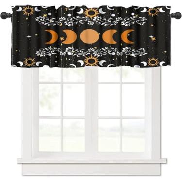 Imagem de BenYaSong Boho Moon Phase Flower Window Valance Black Bohemian Floral Witchy Gothic Moonlit Estética para Casa Cozinha Sala de Estar Café Sala de Estar Cortinas de Janela 2 Painéis 137 x 45 cm