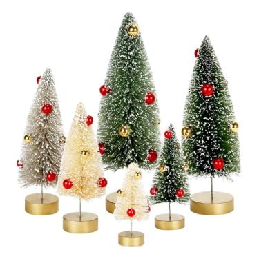 Imagem de Conjunto de 6 mini pincéis de Natal para garrafas – Árvores de mesa foscas com ornamentos vermelhos e dourados para bandeja em camadas, prateleira, cornija, cafeteria e decoração de mesa de Natal