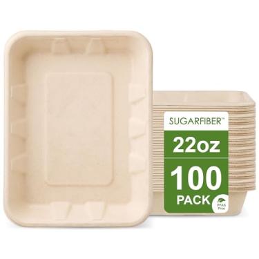 Imagem de [100 unidades] Sugarfiber by Harvest Pack 623 g Bandejas descartáveis para alimentos, bandejas descartáveis para servir bagaço, retangular, feitas de fibras vegetais ecológicas de cana de açúcar, sem