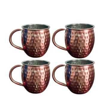 Imagem de Kit 4 Canecas Moscow Mule 580ml Martelada Resistente Inox Rose Gold com Alça Ergonômica para Servir Drinks e Bebidas Geladas