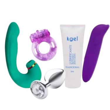 Imagem de Kit Sensações Intensas com Sugador de Sucção, Anel Vibratório Recarregável, Plug Anal, Estimulador Golfinho e K-Gel 50g, Silicone, Vermelho, À Prova d'Água, 10 Modos