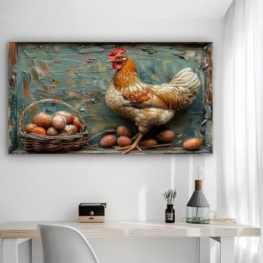 Imagem de Arte de parede em tela rústica de galo e ovos - Pôster sem moldura de 30 x 61 cm - Decoração de casa e escritório para sala de estar, quarto, cozinha e café