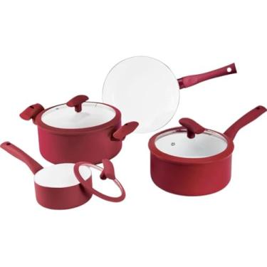 Imagem de Jogo Panelas Serve No Fogão Indução Ou Gás 4 Peças Cor Vermelho