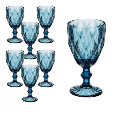 Imagem de Taça Diamante Azul com Textura Facetada, Vidro, 330ml, Conjunto com 6 Peças